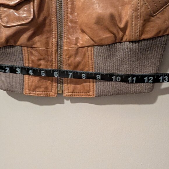 Fossil Womens Leather Bomber Jacket Brown Size Small Front Pockets Ribbed Trim - Picture 13 of 13